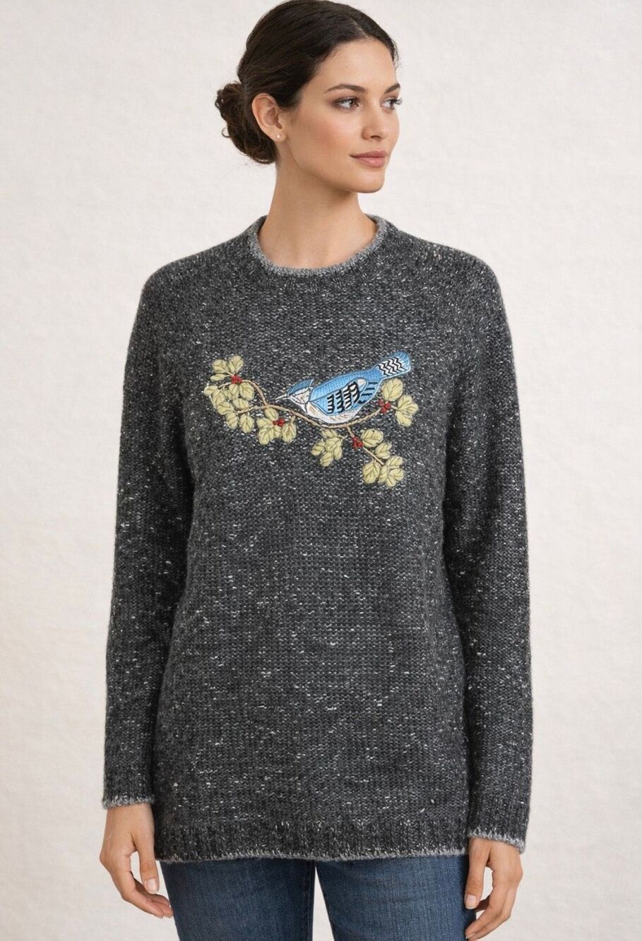 Woolrich Blue Jay Bird Embroidered Wool Blend Sweater Large Gray NWT